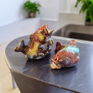 Salt & Pepper Set Colorful Carp Fish EUC Multi Colored Glazed